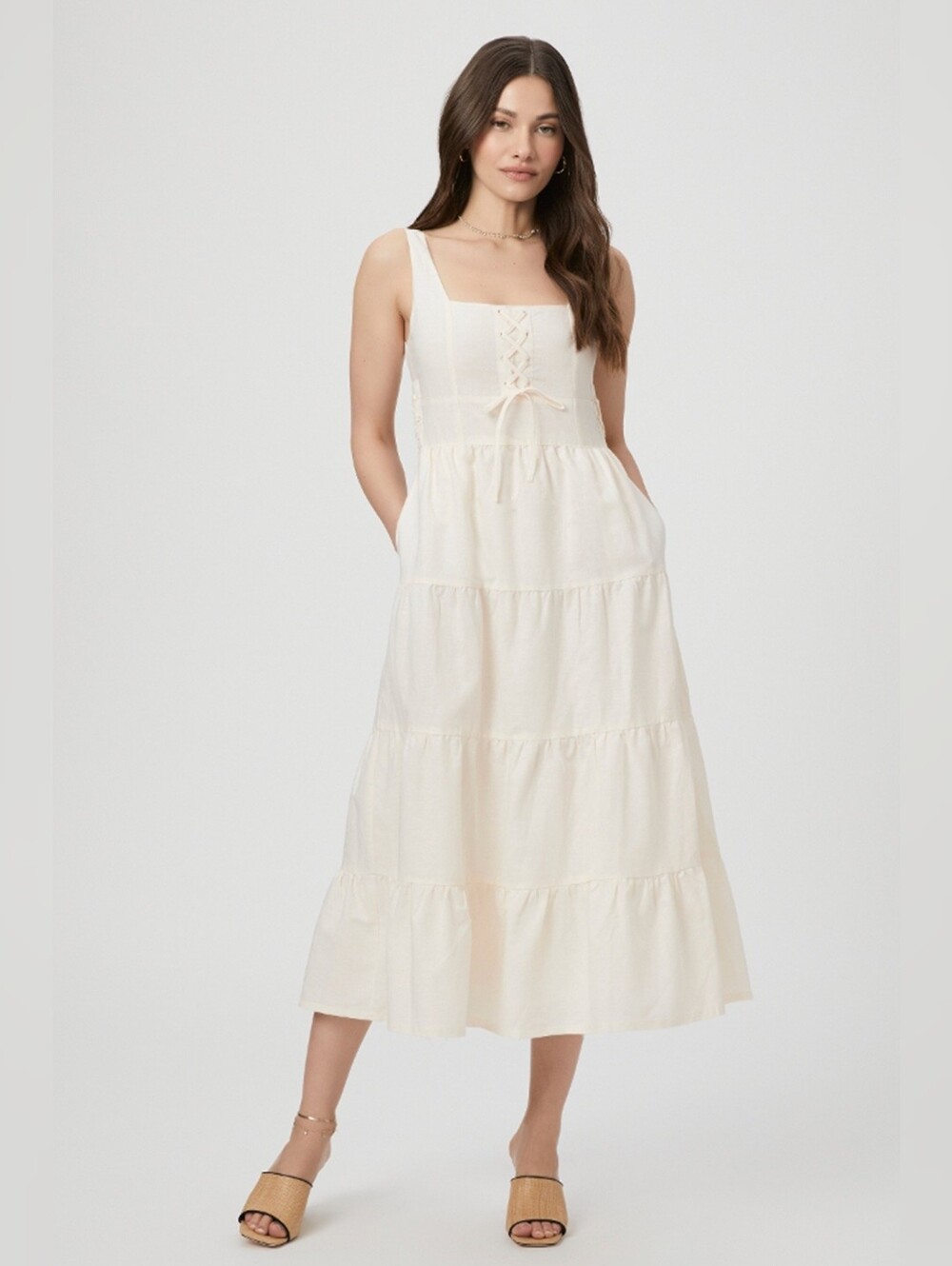 PAIGE Linen Cream Tiered Midi Dress with Lace-Up Bodice Size 6